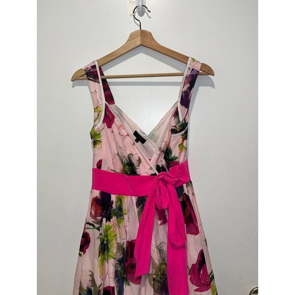 Ted Baker Pink Floral Belted Wrap-Style V-Neckline Knee Length Dress Women's Siz - Picture 3 of 9